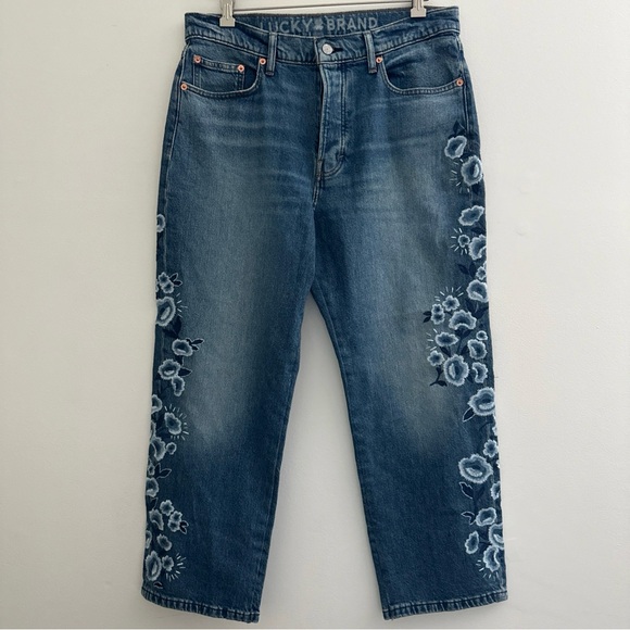 Lucky Brand Women's Blue 90's Loose High-Rise Cropped Jeans Embroidery  Sz 10/30 - Picture 1 of 10